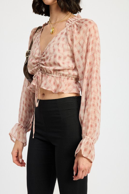 Ruched Cropped Blouse With Ruffle Detail Emory Park   