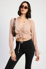 Ruched Cropped Blouse With Ruffle Detail Emory Park DUSTY ROSE FLANNEL S 