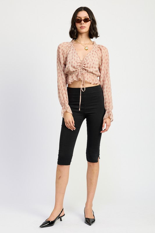 Ruched Cropped Blouse With Ruffle Detail Emory Park   