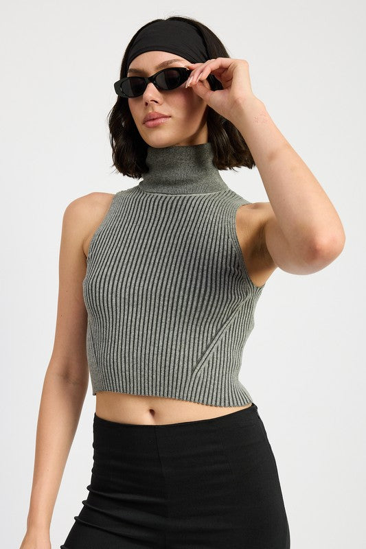 Turtle Neck Ribbed Sleeveless Crop Top Emory Park CHARCOAL COMBO S 