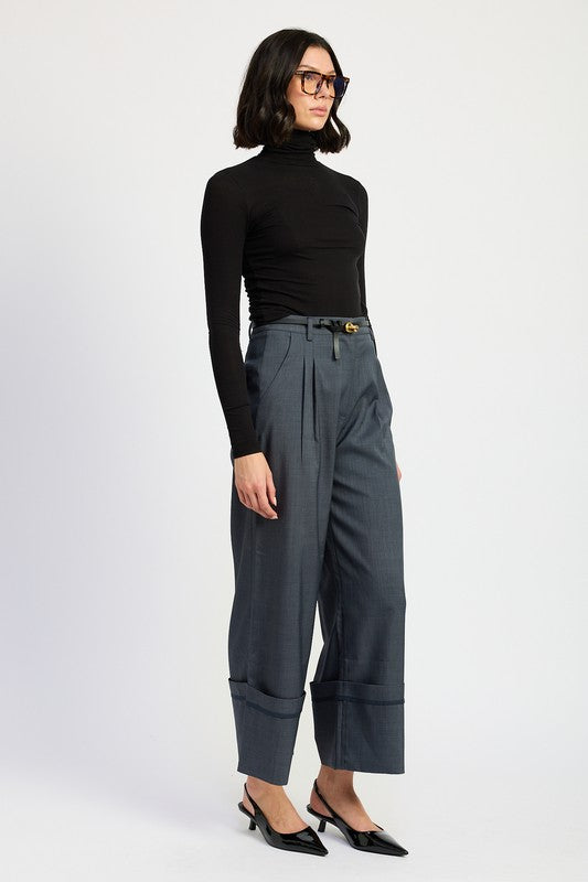 Fold Over Pleated High Waisted Pants Emory Park   