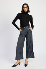 Fold Over Pleated High Waisted Pants Emory Park GREY BLUE S 