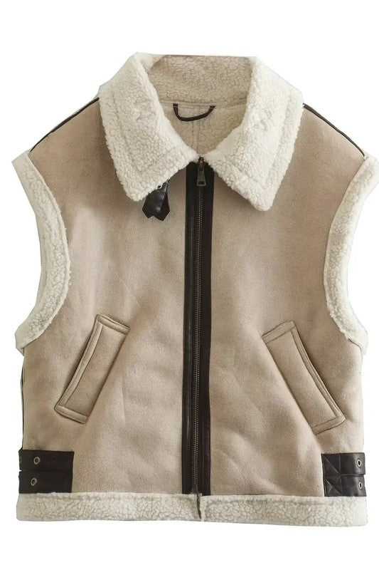 Faux Shearling Trucker Vest By Claude KHAKI XS 