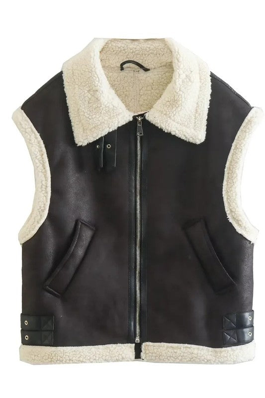 Faux Shearling Trucker Vest By Claude BLACK XS 