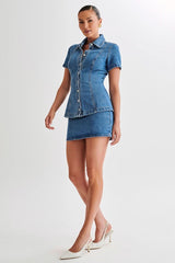 Denim Two Piece Button Top & Mini Skirt By Claude   