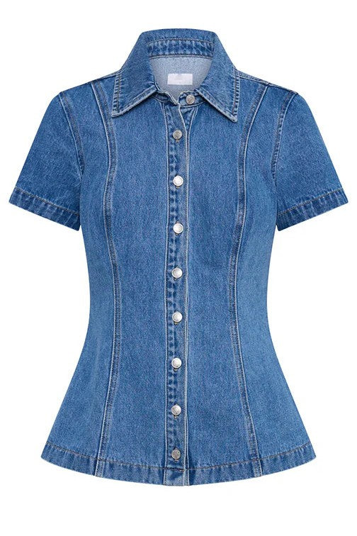 Denim Two Piece Button Top & Mini Skirt By Claude   