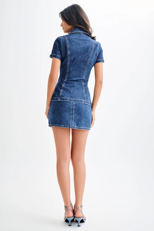 Denim Two Piece Button Top & Mini Skirt By Claude   