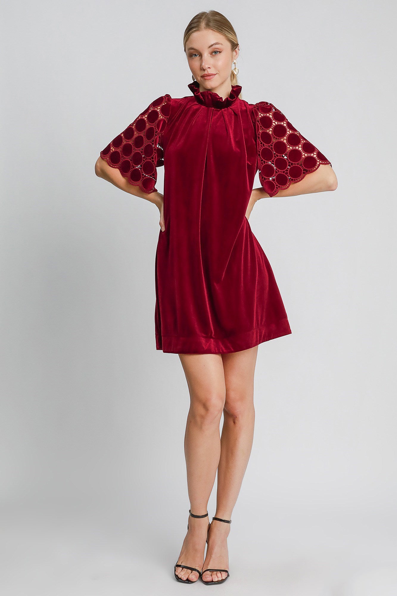 Dotted Lace Half Sleeve Mock Neck Back Tie Velvet Dress Umgee