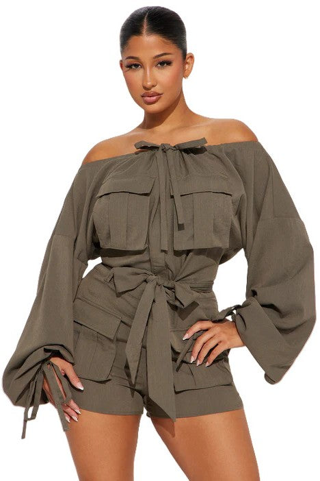 Off-Shoulder Belted Utility Romper By Claude KHAKI S 