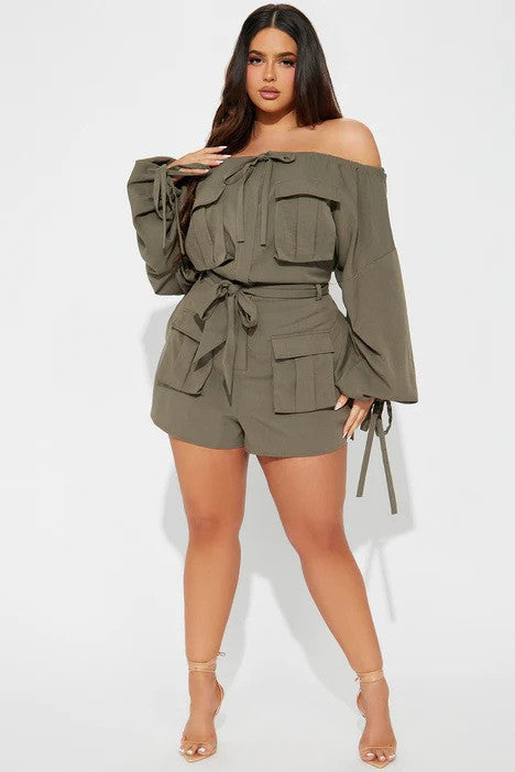 Off-Shoulder Belted Utility Romper By Claude   