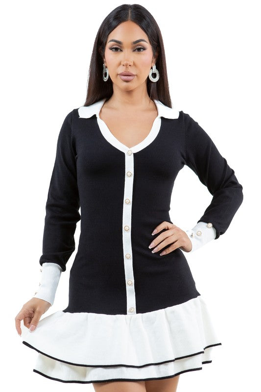 Contrast Button Look Sweater Dress By Claude   