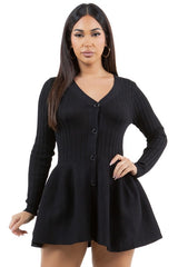 Button Look Ribbed Knit Flare Sweater Dress By Claude   