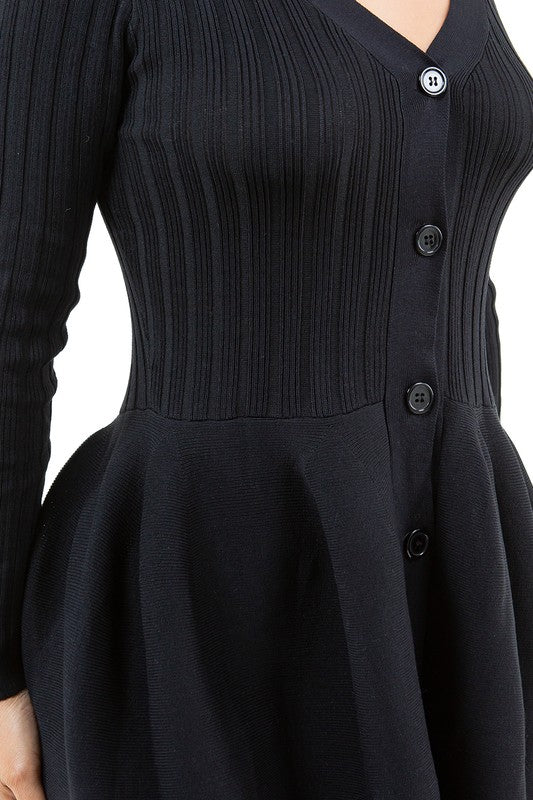 Button Look Ribbed Knit Flare Sweater Dress By Claude   