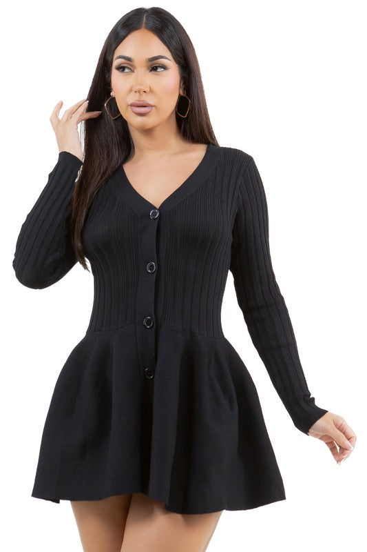 Button Look Ribbed Knit Flare Sweater Dress By Claude   