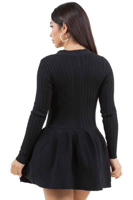 Button Look Ribbed Knit Flare Sweater Dress By Claude   