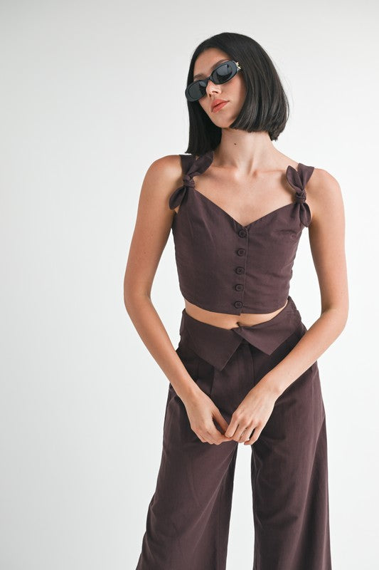 Button Up Cropped Top With Shoulder Ties Emory Park CHOCOLATE S