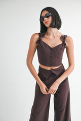 Button Up Cropped Top With Shoulder Ties Emory Park CHOCOLATE S