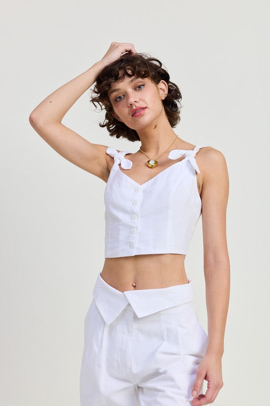 Button Up Cropped Top With Shoulder Ties Emory Park OFF WHITE S