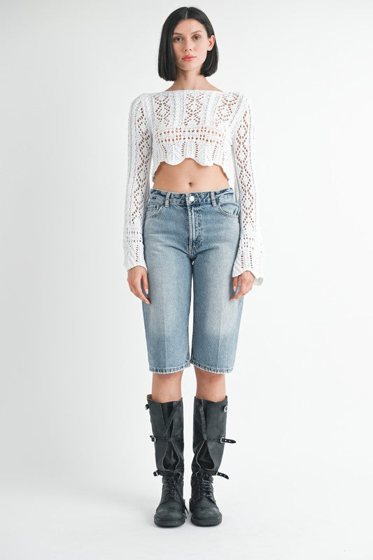 Scoop Neck Crochet Long Sleeve Cropped Top Emory Park