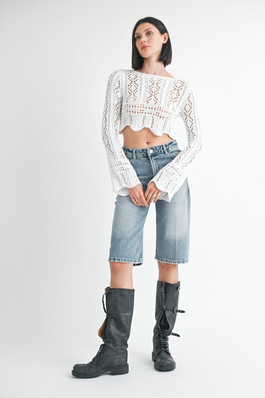 Scoop Neck Crochet Long Sleeve Cropped Top Emory Park