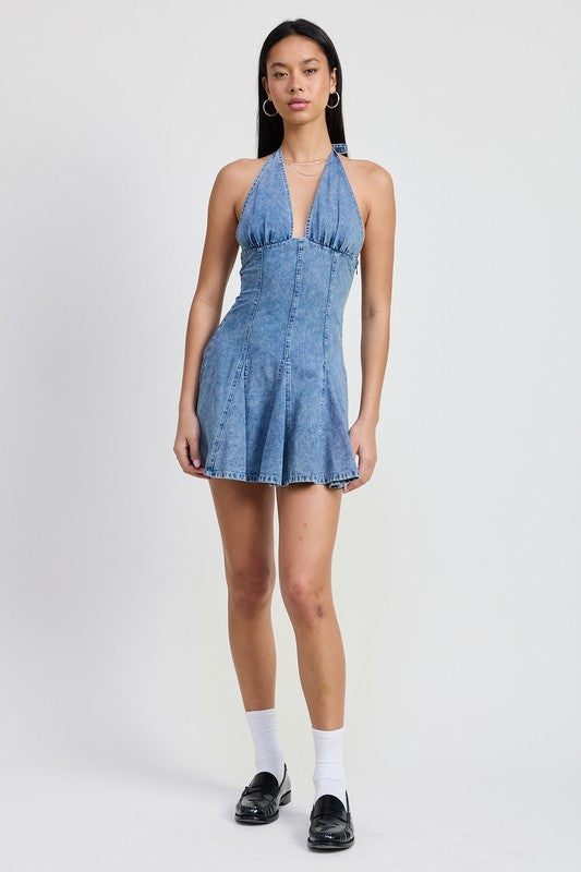 Halter Neck Mini Denim Dress Emory Park