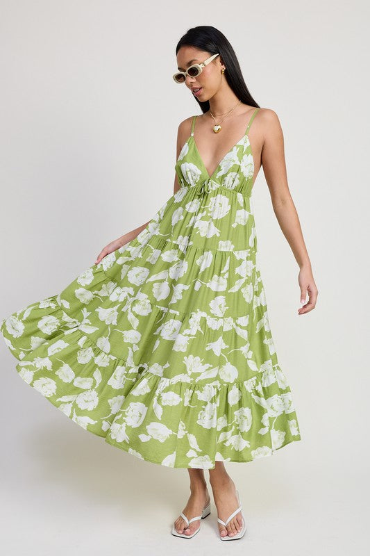 Green Floral Tiered Spaghetti Flared Maxi Dress Emory Park