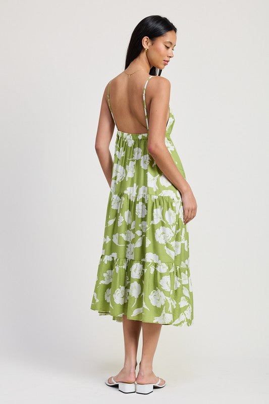 Green Floral Tiered Spaghetti Flared Maxi Dress Emory Park