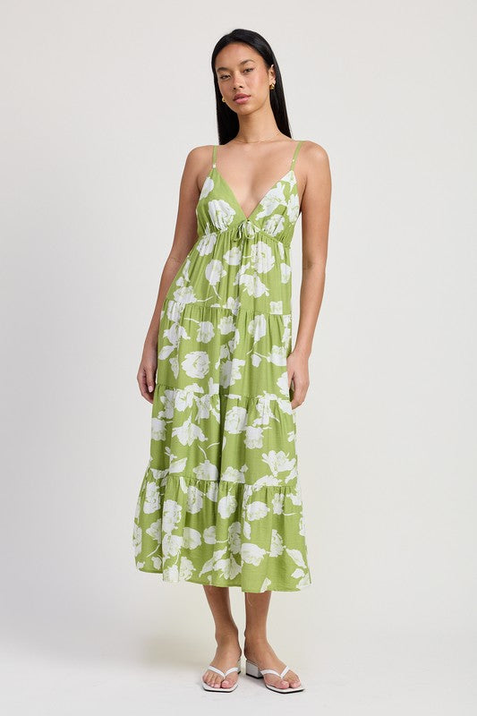 Green Floral Tiered Spaghetti Flared Maxi Dress Emory Park