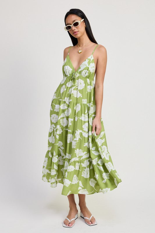 Green Floral Tiered Spaghetti Flared Maxi Dress Emory Park AVOCADO S