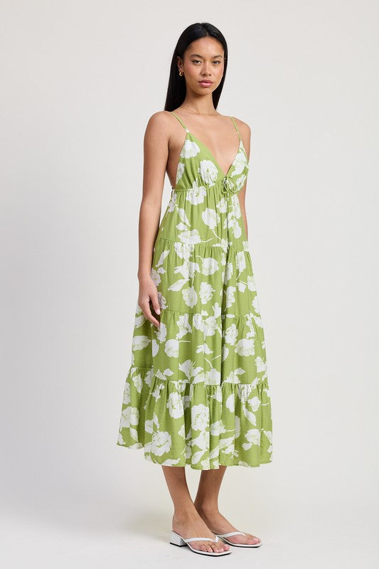 Green Floral Tiered Spaghetti Flared Maxi Dress Emory Park