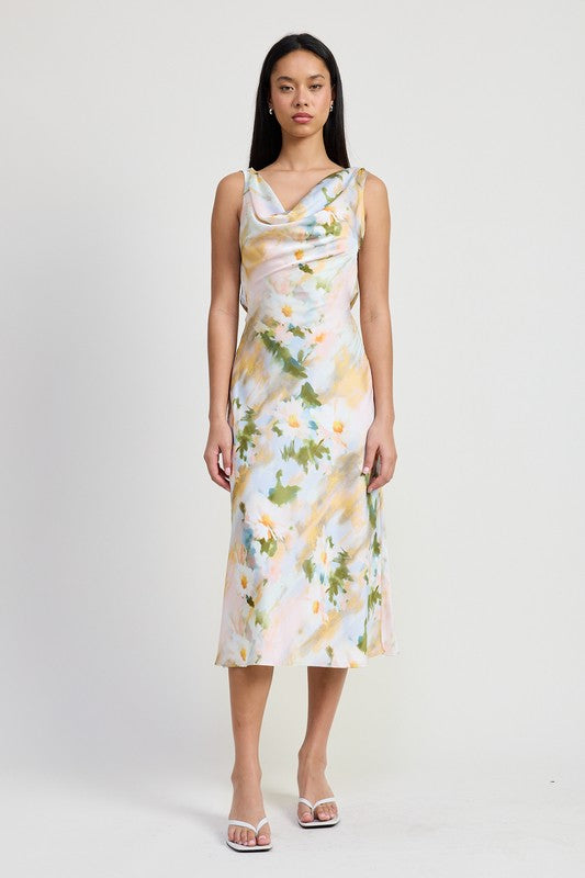 Floral Cowl Neck Open Back Midi Dress Emory Park YELLOW FLORAL S