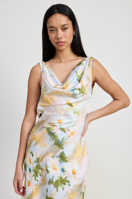 Floral Cowl Neck Open Back Midi Dress Emory Park