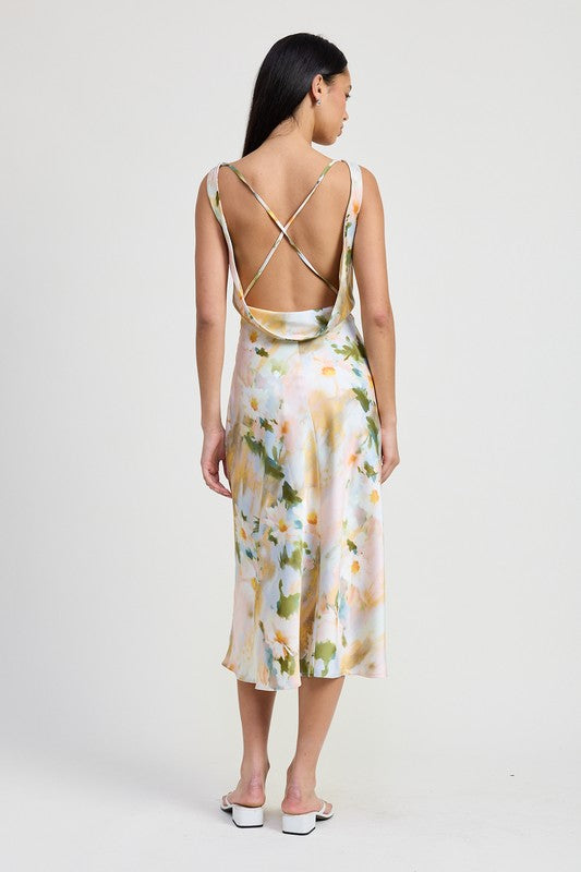 Floral Cowl Neck Open Back Midi Dress Emory Park