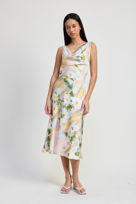 Floral Cowl Neck Open Back Midi Dress Emory Park