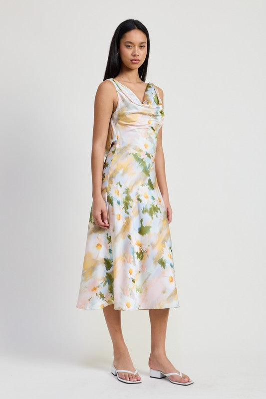 Floral Cowl Neck Open Back Midi Dress Emory Park