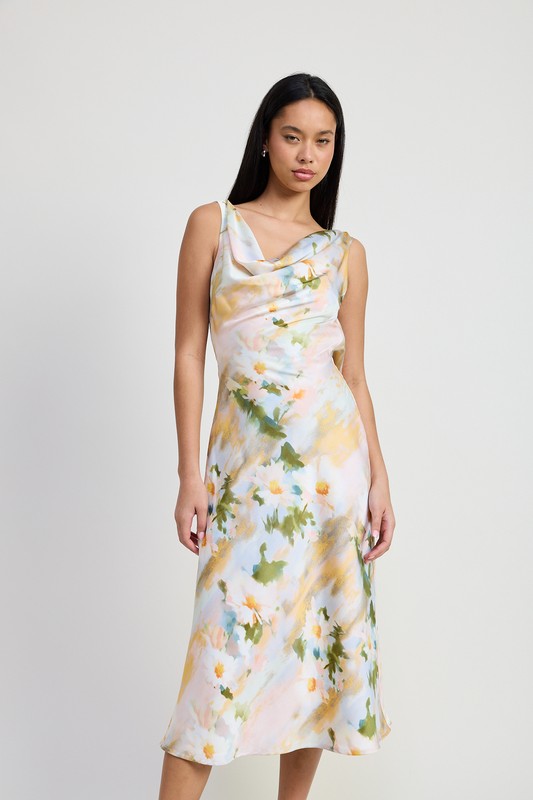 Floral Cowl Neck Open Back Midi Dress Emory Park