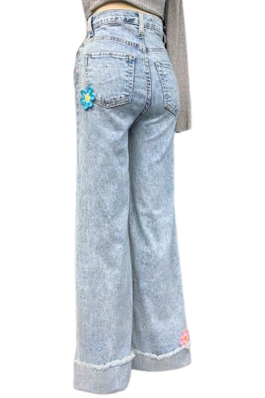 Vintage Flower Power Wide Leg Crochet Jean GJG Denim   