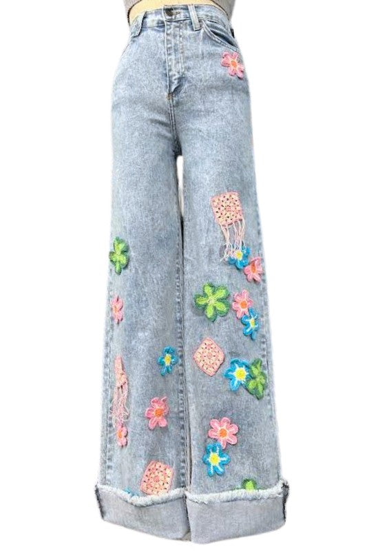 Vintage Flower Power Wide Leg Crochet Jean GJG Denim Light Wash 3 