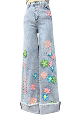 Vintage Flower Power Wide Leg Crochet Jean GJG Denim Light Wash 3 