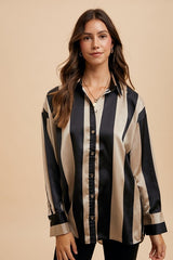 Striped Dropped Shoulder Button Up Shirt Annie Wear