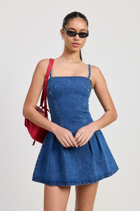 Blue Denim Pleated Mini Sundress Emory Park DENIM S