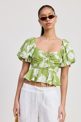 Short Puff Sleeve Floral Square Neck Blouse Emory Park AVOCADO S