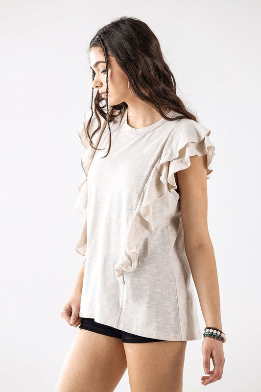 Plus Cotton Slub Double Ruffle Tiered Sleeve Tee Noflik oat XL