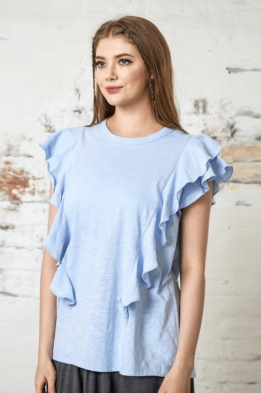 Plus Cotton Slub Double Ruffle Tiered Sleeve Tee Noflik Sky XL