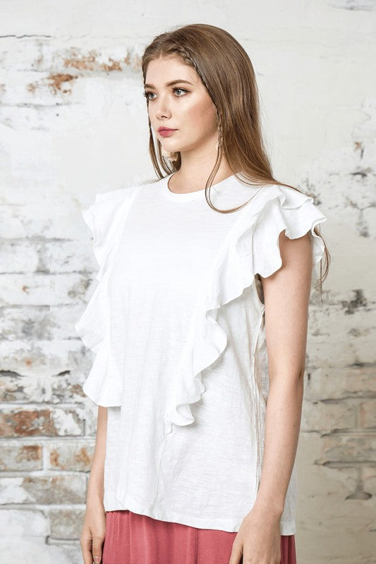 Plus Cotton Slub Double Ruffle Tiered Sleeve Tee Noflik white XL