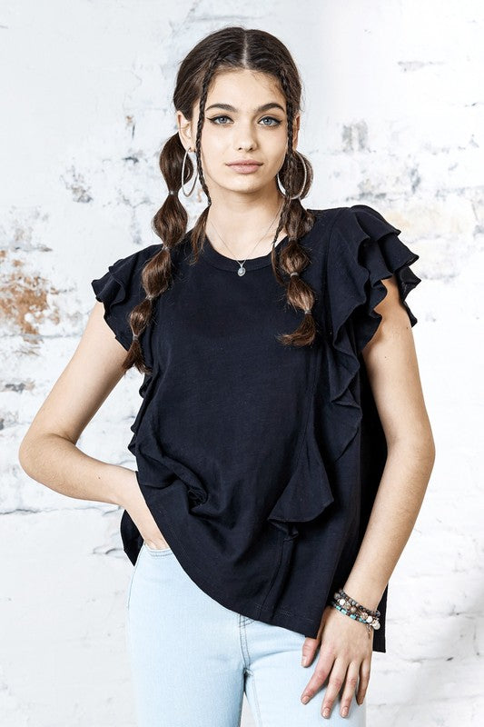 Plus Cotton Slub Double Ruffle Tiered Sleeve Tee Noflik Black XL