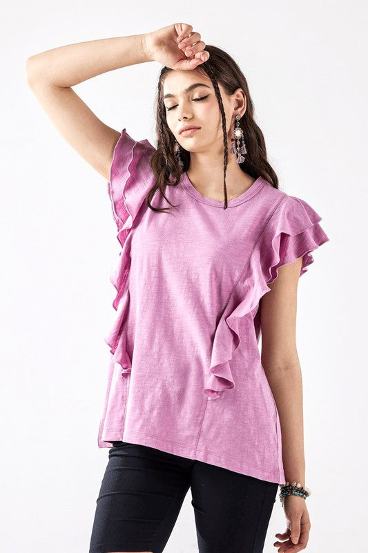 Plus Cotton Slub Double Ruffle Tiered Sleeve Tee Noflik Lilac XL