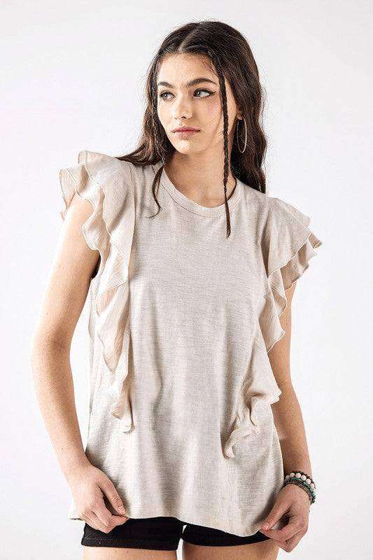 Plus Cotton Slub Double Ruffle Tiered Sleeve Tee Noflik