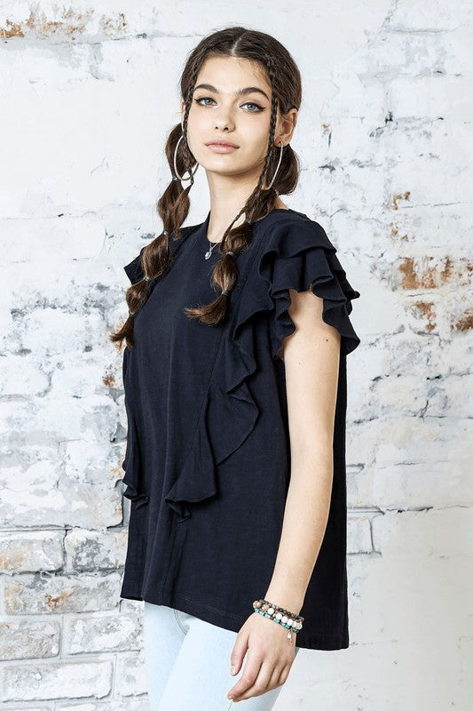Plus Cotton Slub Double Ruffle Tiered Sleeve Tee Noflik