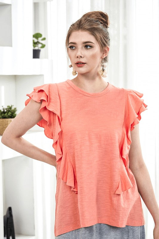 Plus Cotton Slub Double Ruffle Tiered Sleeve Tee Noflik Orange XL